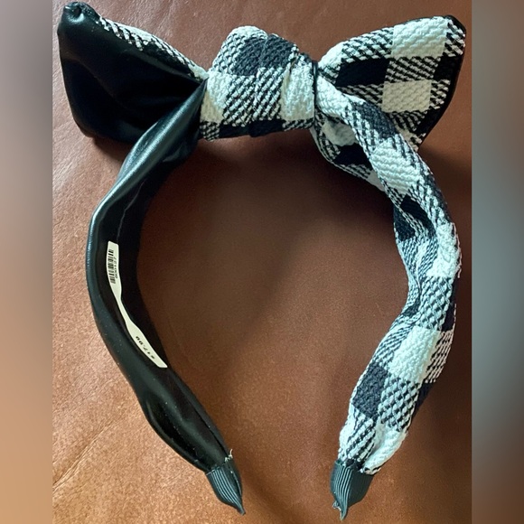 BNWT!Fashion headband,black faux leather,offwhite check tweed small gold clovers - Picture 2 of 16